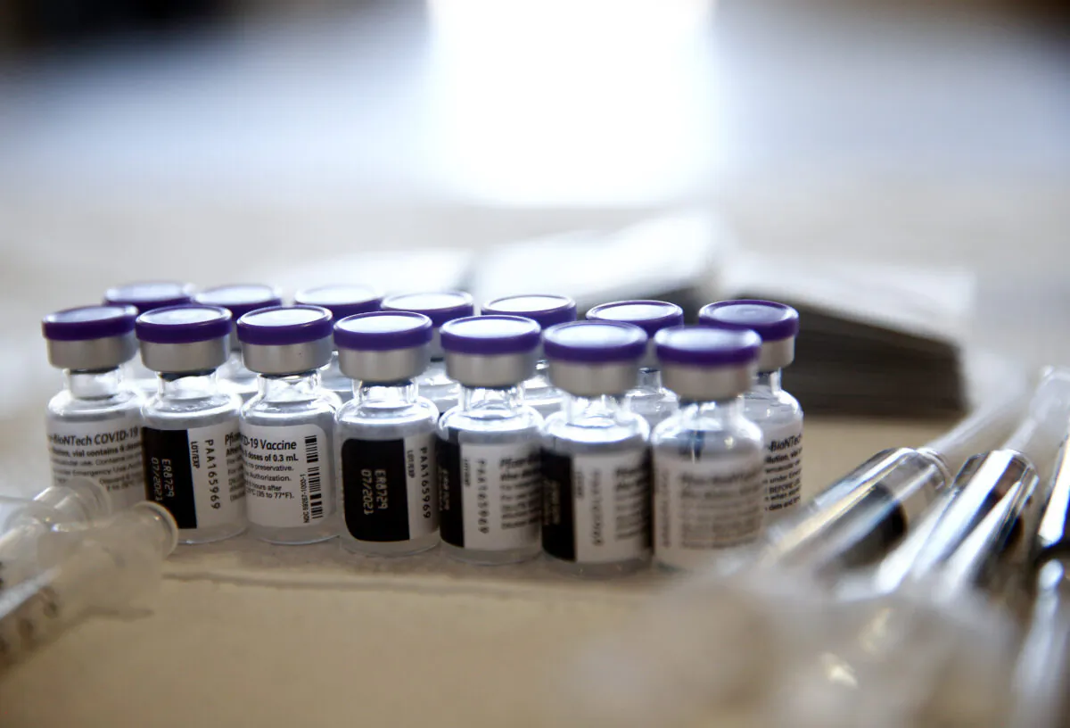 Vials containing doses of the Pfizer COVID-19 vaccine at a clinic in Los Angeles on April 9, 2021. (Mario Tama/Getty Images)