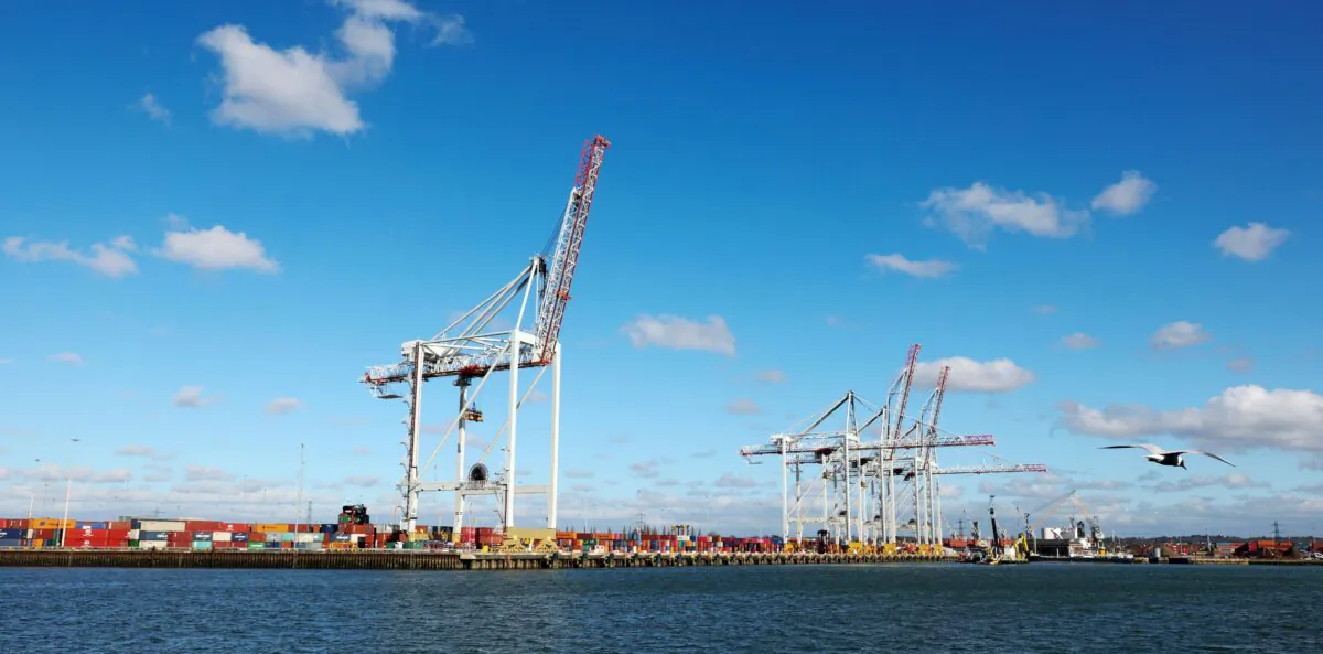 A general view shows shipping containers at the Port of Southampton, on the south coast of England, on March 5, 2021. (Adrian Dennis/AFP via Getty Images)