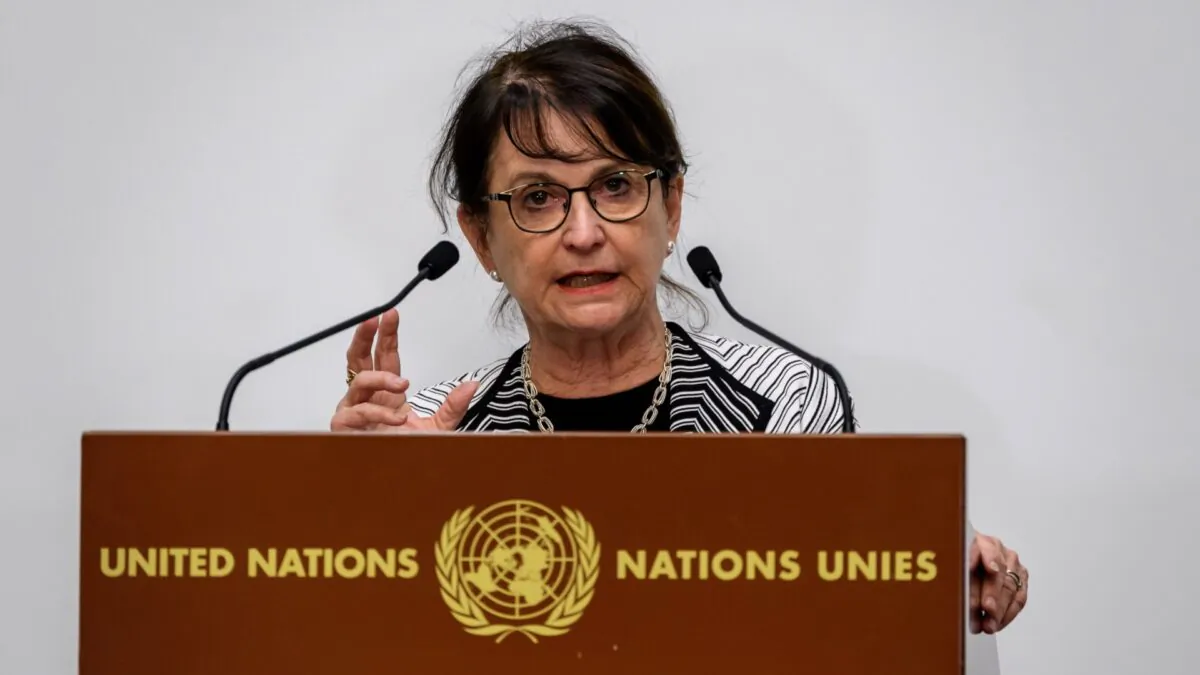 Special Representative of the U.N. Secretary-General for Afghanistan Deborah Lyons delivers a statement during the 2020 Afghanistan donor conference hosted by the United Nations in Geneva on Nov. 24, 2020. (Fabrice Coffrini/AFP via Getty Images)