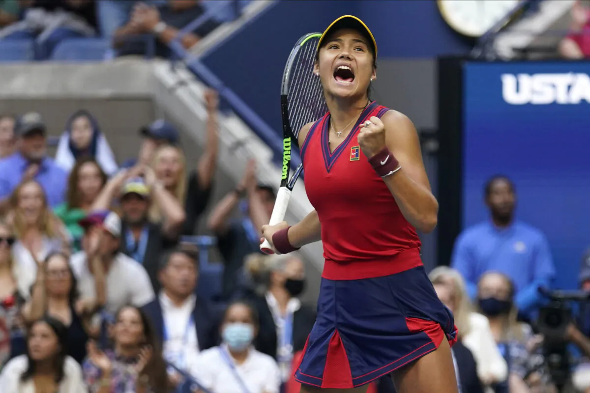 Emma Raducanu of Britain reacts after scoring a point against Leylah Fernandez of Canada during the women's singles final of the U.S. Open tennis championships in New York on Sept. 11, 2021. (Seth Wenig/AP Photo)