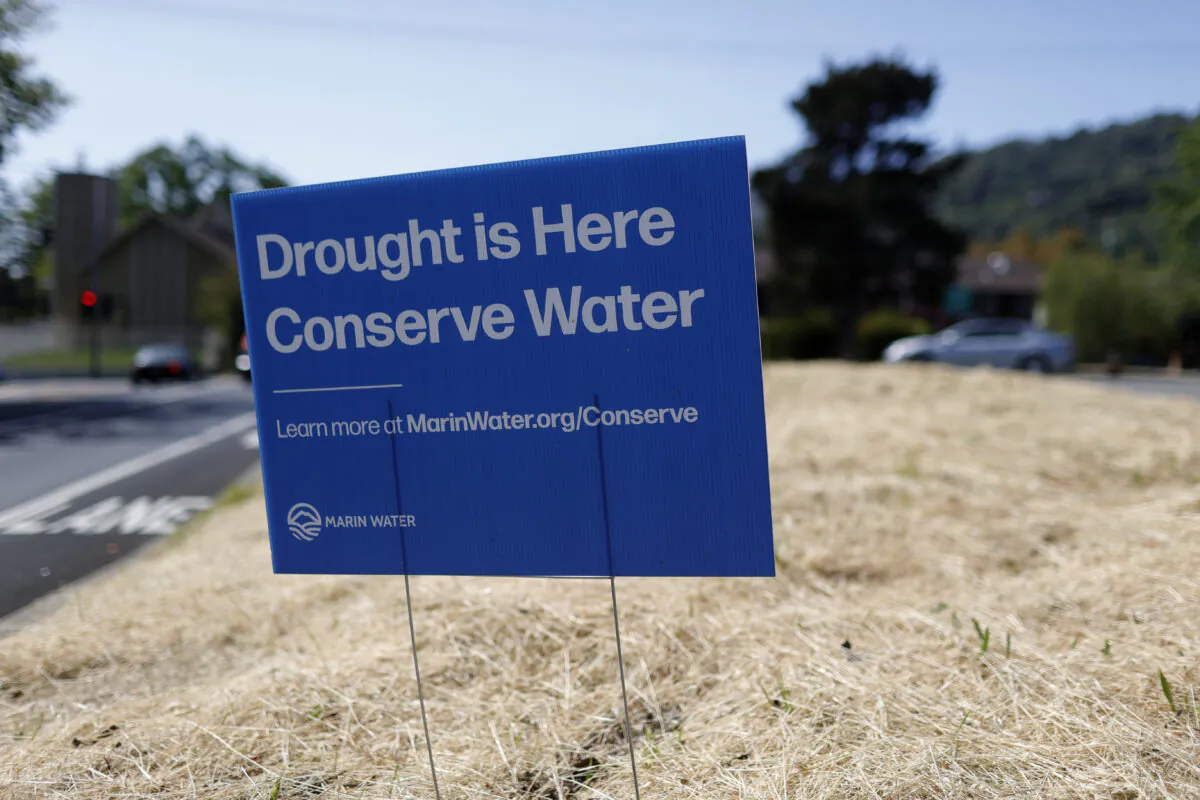 A sign advocating water conservation is posted in a field of dry grass in San Anselmo, California, on April 23, 2021. (Justin Sullivan/Getty Images)