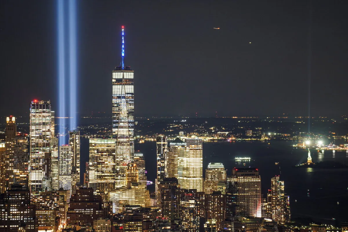 The Tribute in Light art installation is seen from Empire State Building, commemorating the 20th anniversary of the Sept. 11, 2001, attacks, in New York City on Sept. 11, 2021. (Go Nakamura/Reuters)