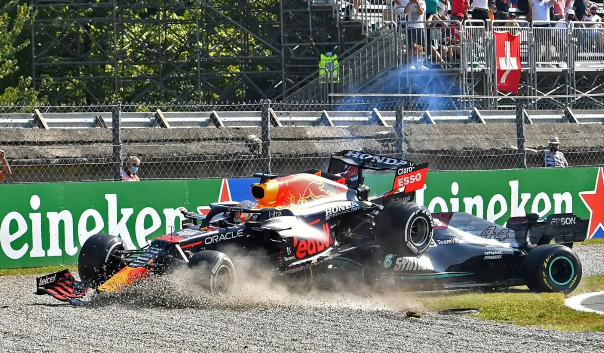 Red Bull's Max Verstappen and Mercedes' Lewis Hamilton crash out of the race at the Italian Grand Prix in Monza, Italy on Sept. 12, 2021. (Jennifer Lorenzini/Reuters)
