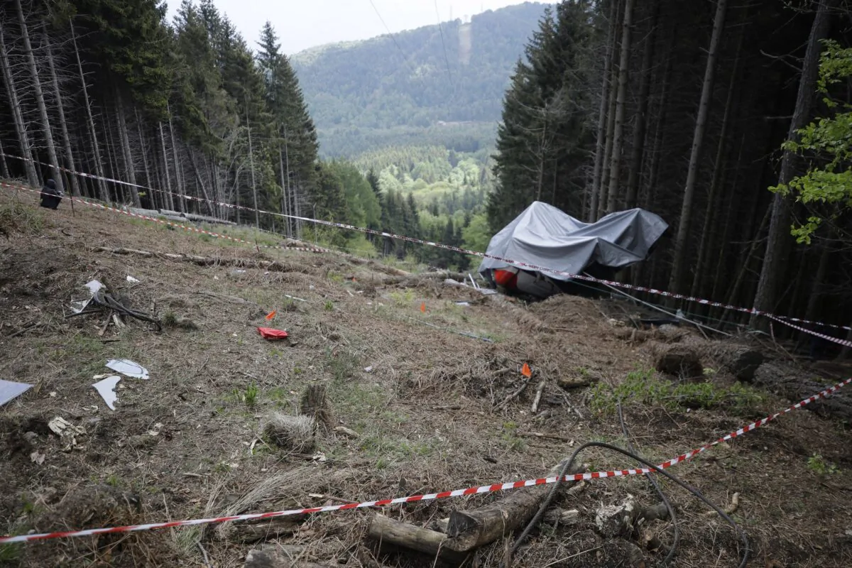 The wreckage of a cable car after it collapsed near the summit of the Stresa-Mottarone line in the Piedmont region, northern Italy, on May 26, 2021. (Luca Bruno/AP Photo)