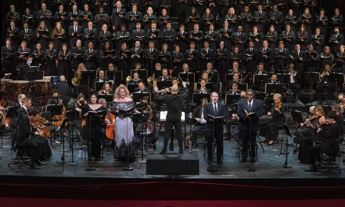 The Metropolitan Opera shows a rehearsal for Verdi Requiem, at The Metropolitan Opera in New York, on Sept. 9, 2021. (Richard Termine/The Metropolitan Opera via AP)