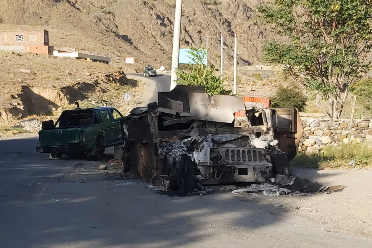 A burnt down Humvee is seen along a road in Dashtak, Panjshir province, on Sept. 6, 2021. (AFP via Getty Images)