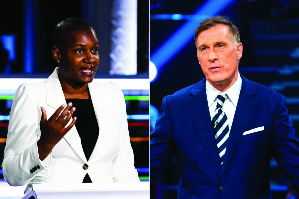 (L) Green Party Leader Annamie Paul speaks during the leaders English-language debate in Gatineau, Quebec, on Sept. 9, 2021. (The Canadian Press/Justin Tang) (R) People's Party Leader Maxime Bernier speaks during the leaders’ French-language debate in Gatineau, Quebec, on Oct. 10, 2019. (The Canadian Press/Chris Wattie)