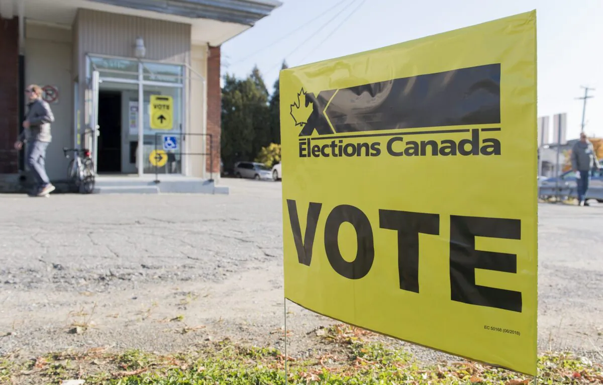 A sign outside a polling station on federal election day in Shawinigan, Que., on, Oct. 21, 2019. (The Canadian Press/Graham Hughes)