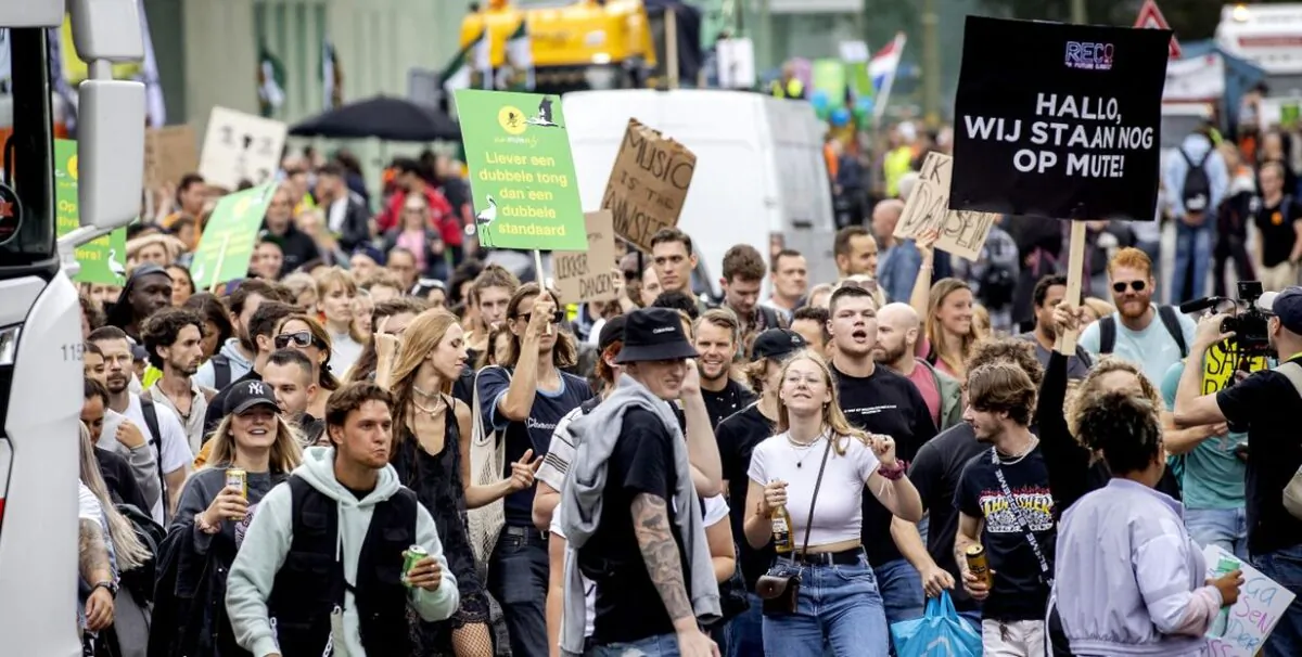 People participate in the Unmute Us! march to protest against COVID-19 policy across the Netherlands In The Hague, on Sept. 11, 2021. (Koen Van Weel/ANP/AFP via Getty Images)