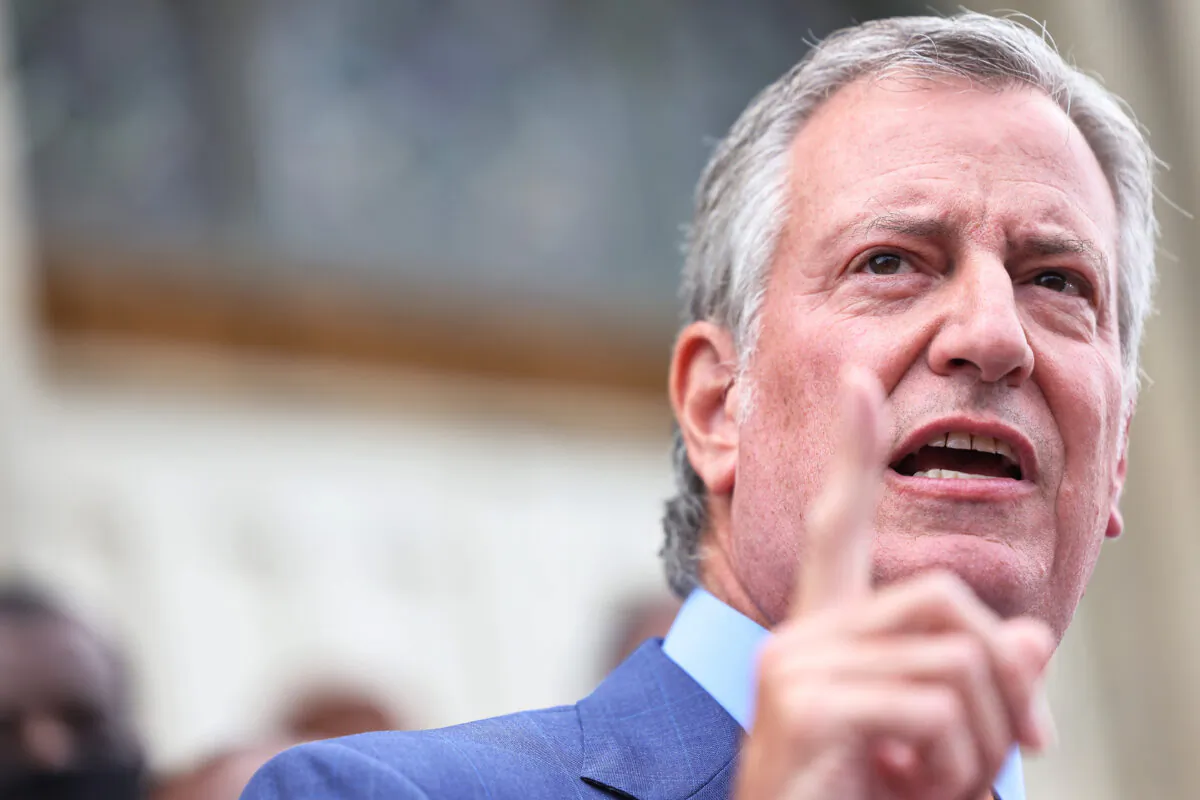 New York City Mayor Bill de Blasio speaks during a faith vigil for victims of an earthquake in Haiti, in the Little Caribbean neighborhood of Brooklyn borough in New York City, on Aug. 16, 2021. (Michael M. Santiago/Getty Images)