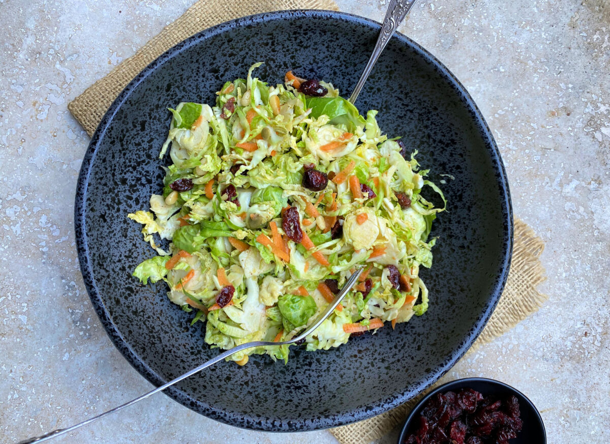 Thinly sliced or shredded Brussels sprouts take over the role that cabbage plays in a traditional coleslaw. (Lynda Balslev for Tastefood)