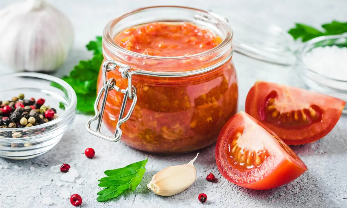 These toasts are dolloped with a rich, slightly sweet, slightly savory roasted tomato jam. (Irina Rostokina)
