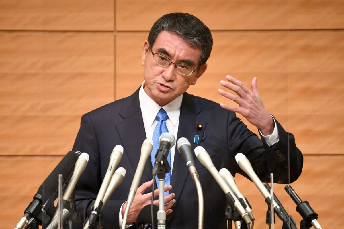 Taro Kono, who heads Japan's vaccine rollout and was the country's former foreign and defence minister, speaks during a press conference to announces his run for leadership of the ruling Liberal Democratic Party in Tokyo on Sept. 10, 2021. (Kazuhiro Nogi/AFP via Getty Images)