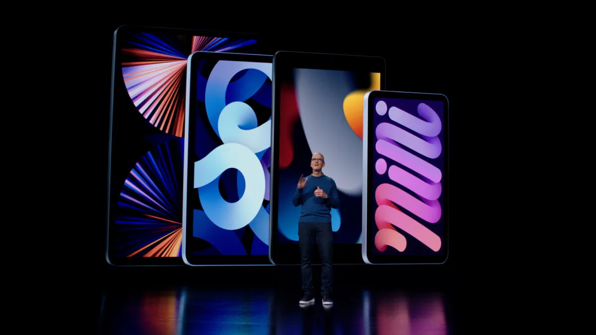 Apple CEO Tim Cook introduces the latest iPad and iPad mini to the iPad lineup during a special event at Apple Park in Cupertino, Calif., on Sept. 14, 2021. (Brooks Kraft/Apple Inc/Handout via Reuters)