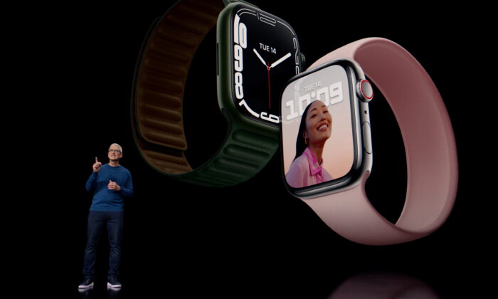 Apple CEO Tim Cook unveils Apple Watch Series 7 during a special event at Apple Park in Cupertino, Calif., on Sept. 14, 2021. (Apple Inc/Handout via Reuters)