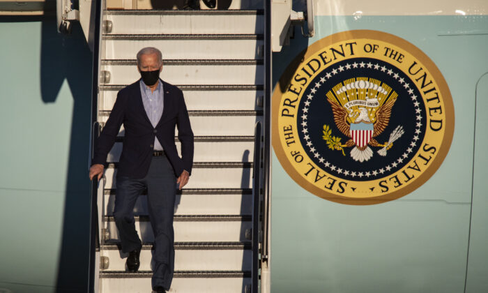 President Joe Biden lands at Long Beach Airport with California Gov. Gavin Newsom in Long Beach, Calif., on Sept. 13, 2021. (John Fredricks/  Pezou)