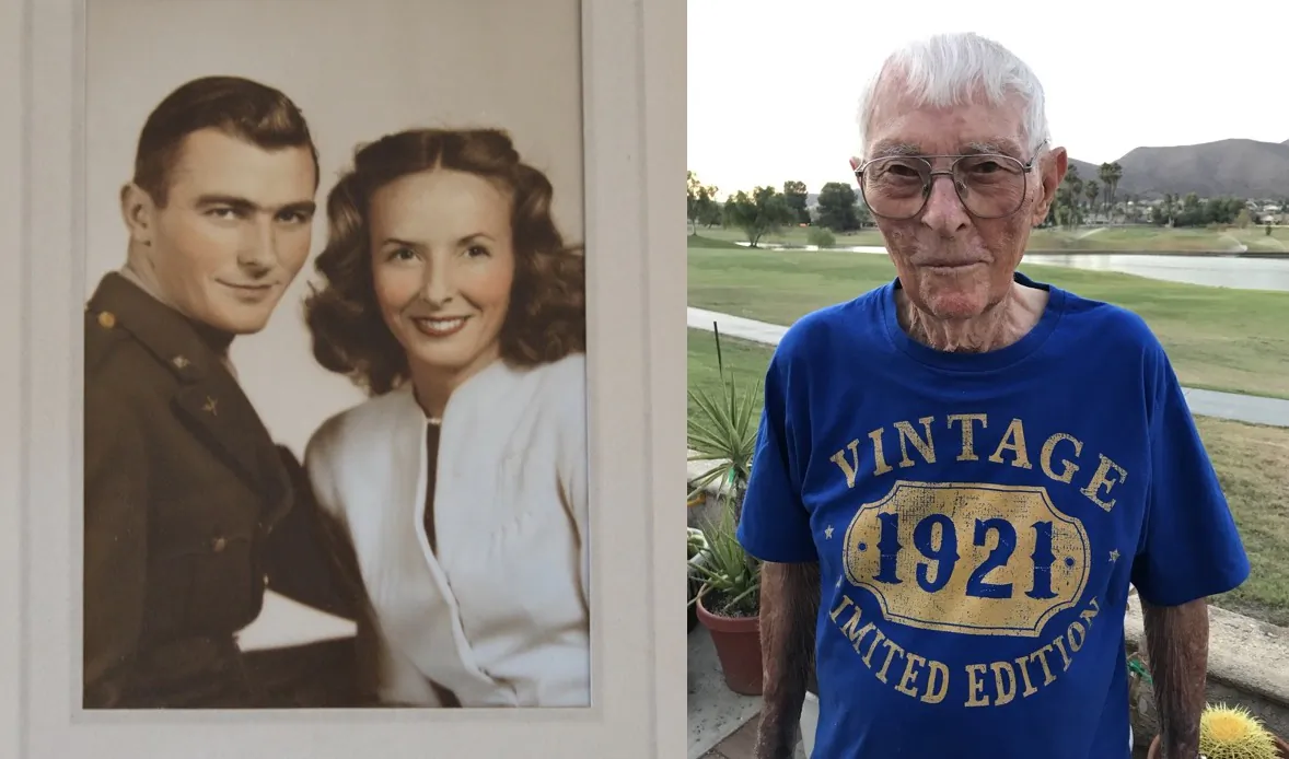 (L) WWII veteran Ed Reeder and his wife Liz Reeder in an undated photo; (R) Ed Reeder on his 100th birthday in Menifee, Calif., on Sept. 5, 2021. (Brad Jones/The Epoch Times)