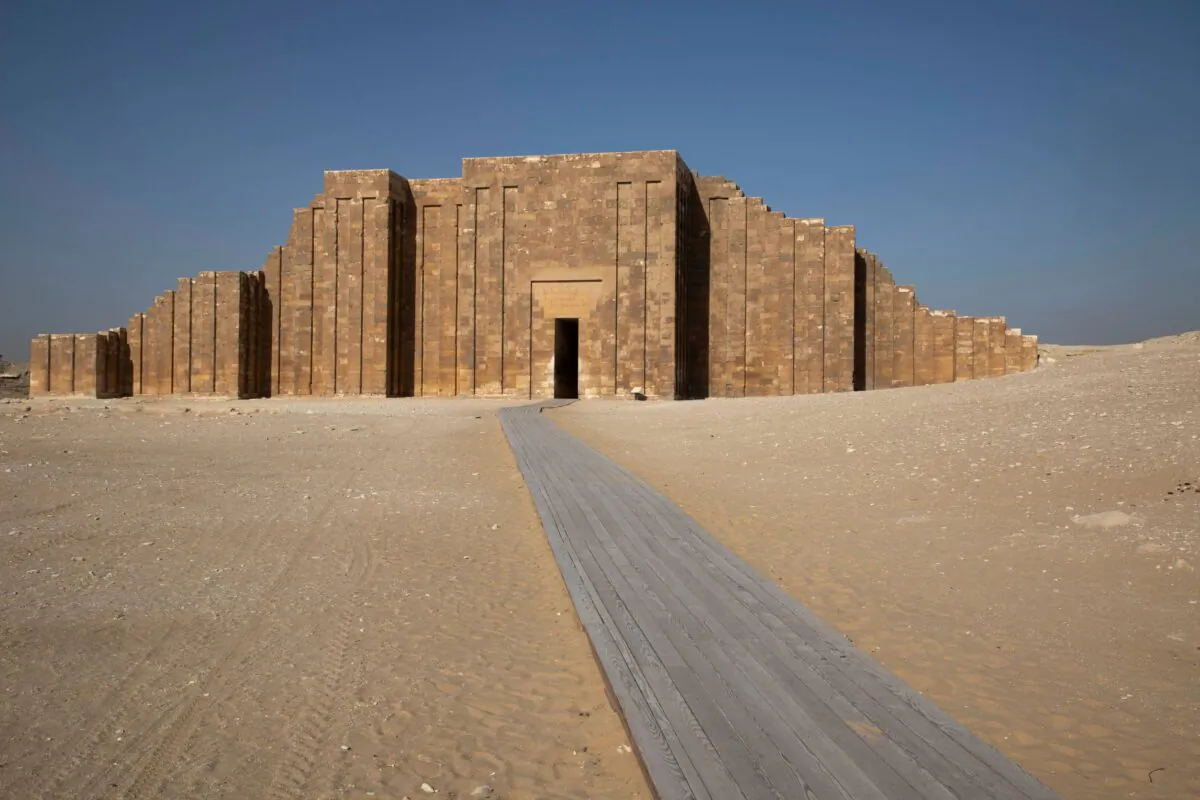 A path leads to the entrance of the southern cemetery of King Djoser, after its restoration, near the famed Step Pyramid, in Saqqara, south of Cairo, Egypt, on Sept. 14, 2021. (Nariman El-Mofty/AP Photo)