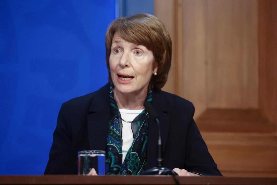 Dr. June Raine, chief executive of the Medicines and Healthcare products Regulatory Agency, during a media briefing in Downing Street, London, on Sept. 13, 2021. (Hannah McKay/PA)