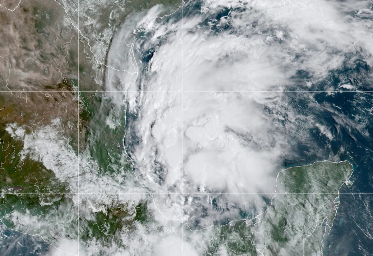 A satellite image shows Tropical Storm Nicholas in the Gulf of Mexico, on Sept. 12, 2021. (NOAA/Handout via Reuters)
