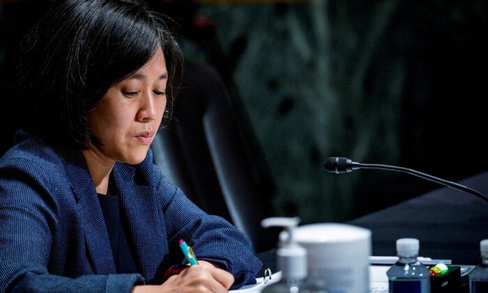 U.S. Trade Representative Katherine Tai testifies before the Senate Finance Committee on Capitol Hill in Washington on May 12, 2021. (Pete Marovich/Pool via Reuters)