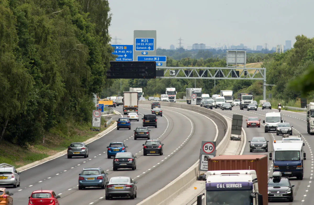 Vehicles on the new 13.4-mile long M3 "smart" motorway near Longcross, Surrey, in UK, on July 3, 2017. (Steve Parsons/PA)