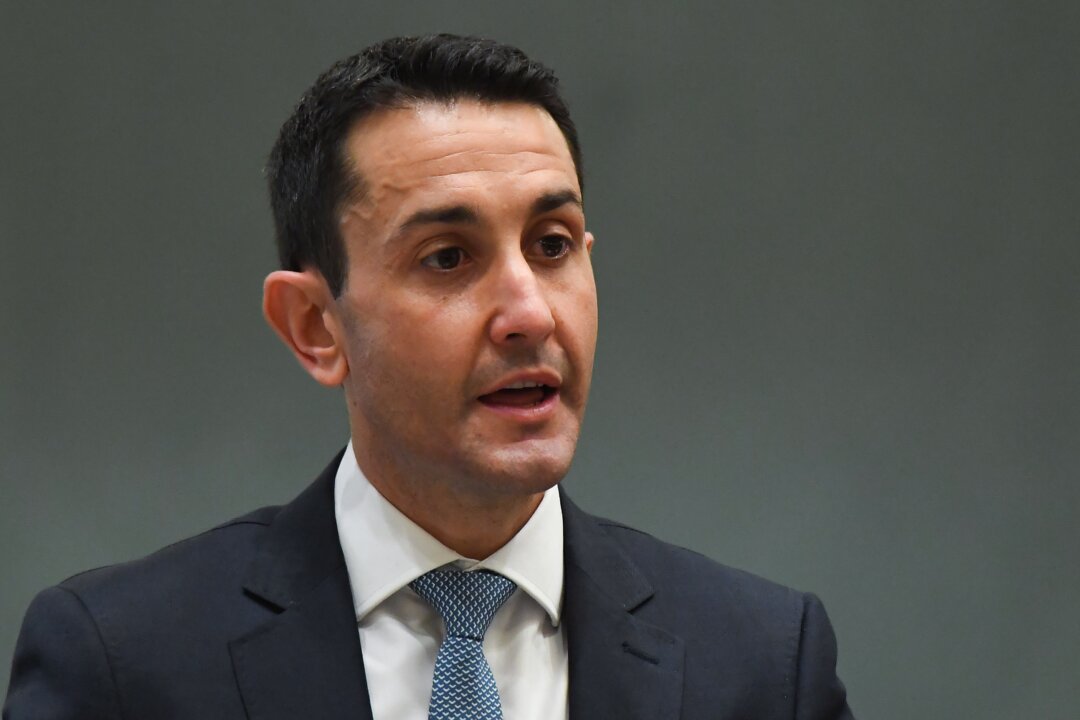 Leader of the Opposition David Crisafulli directs questions to the Premier during Question Time at Parliament House in Brisbane, Australia, on Sept. 14, 2021.  (AAP Image/Albert Perez)