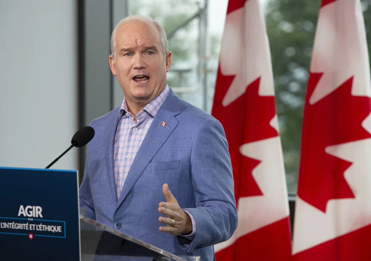 Conservative Party Leader Erin O'Toole speaks to the media in Quebec City on Aug. 18, 2021. (The Canadian Press/Ryan Remiorz)