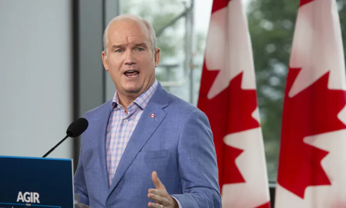Conservative Party Leader Erin O'Toole speaks to the media in Quebec City on Aug. 18, 2021. (The Canadian Press/Ryan Remiorz)