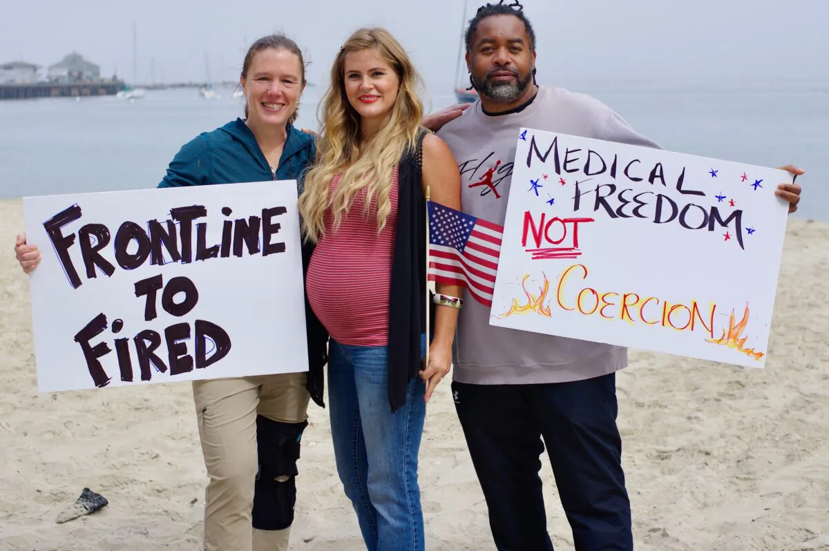 Employees from Community Hospital of the Monterey Peninsula (L to R) Christy Kinkade, Elisabeth Sims, and Raynald Adams at a protest in Monterey, Calif. on Sept. 12, 2021. (Courtesy Patriot Freedom Fighters)