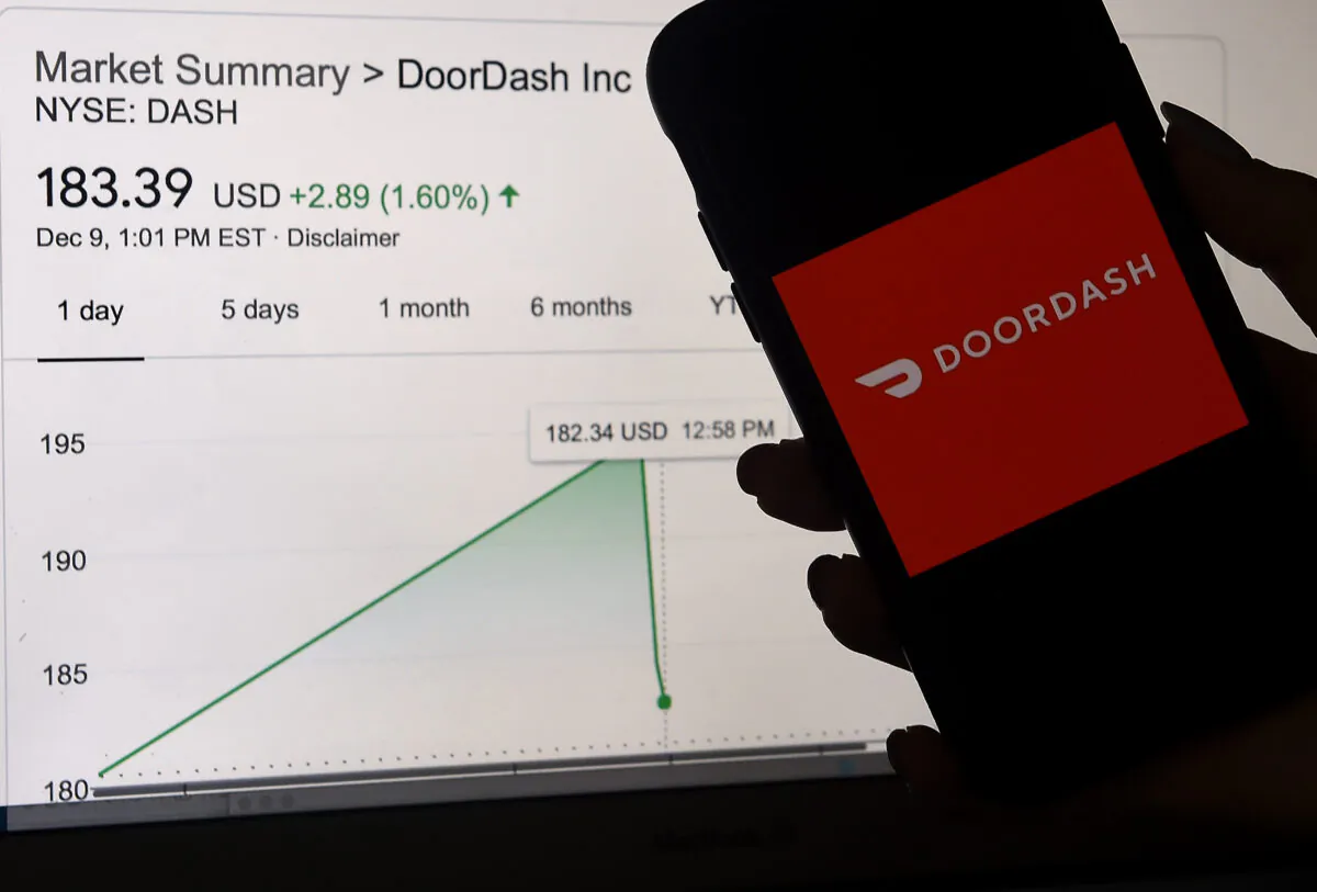 A Doordash logo is displayed on a mobile phone screen next to a NYSE stock market summary graphic in Arlington, Va., on Dec. 9, 2020. (Olivier Douliery/AFP via Getty Images)