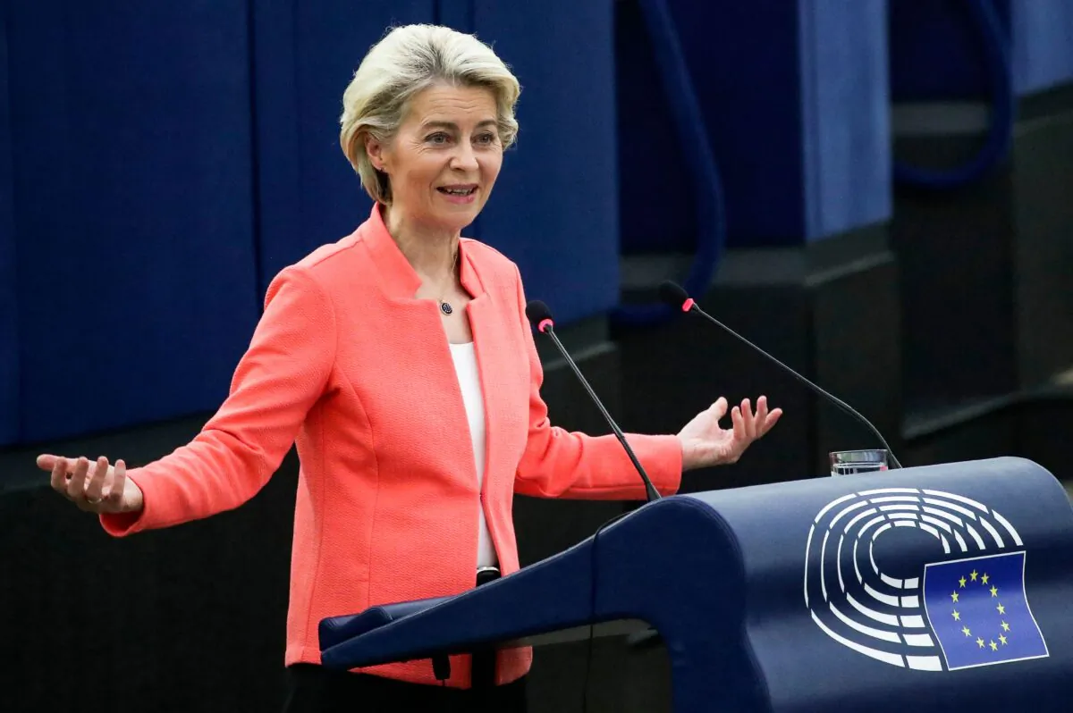European Commission President Ursula von der Leyen delivers a speech during a debate on "The State of the European Union" as part of a plenary session in Strasbourg on September 15, 2021. (YVES HERMAN/POOL/AFP via Getty Images)