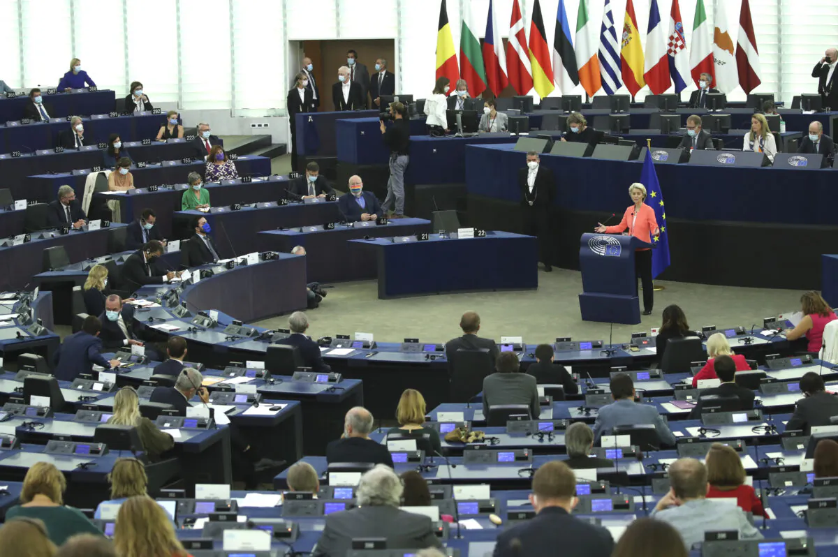 European Commission President Ursula von der Leyen delivers a State of the Union Address at the European Parliament in Strasbourg, France, on Sept. 15, 2021. (Yves Herman/Pool via AP)