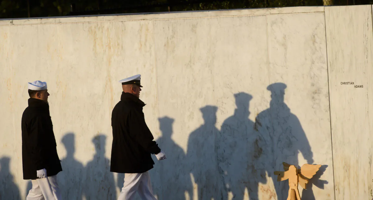 Sailors from the USS Somerset practice their formation marching at the 20th Anniversary remembrance of the 9/11 terrorist attacks at the Flight 93 National Memorial on Sept. 11, 2021, in Shanksville, Pennsylvania. (Jeff Swensen/Getty Images)