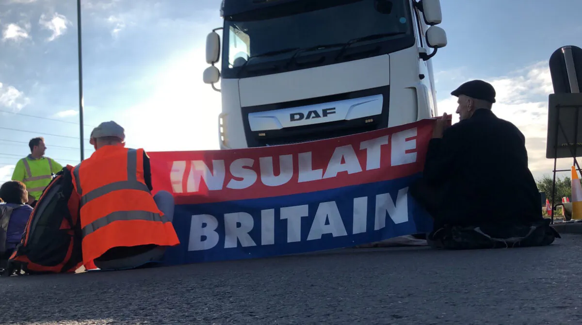 Protesters from Insulate Britain block the M25 motorway in London, on Sept. 15, 2021. (Courtesy of Insulate Britain/PA)