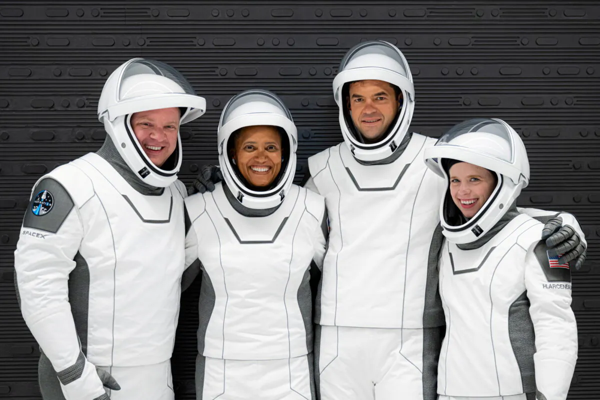 The Inspiration4 crew of Chris Sembroski, Sian Proctor, Jared Isaacman, and Hayley Arceneaux poses while suited up for a launch rehearsal in Cape Canaveral, Fla., on Sept. 12, 2021. (Inspiration4/John Kraus/Handout via Reuters)