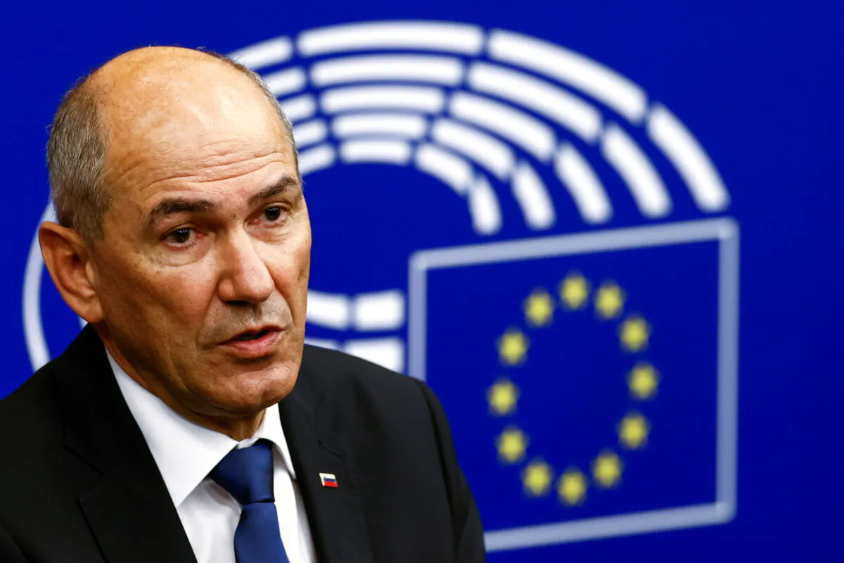 Slovenian Prime Minister Janez Jansa speaks during a news conference in Strasbourg, France, on July 6, 2021. (Christian Hartmann/Pool/Reuters)