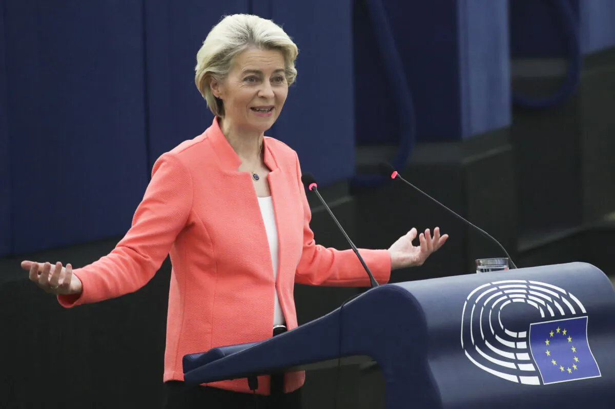 European Commission President Ursula von der Leyen delivers a State of the Union Address at the European Parliament in Strasbourg, France, on Sept. 15, 2021. (Yves Herman/Pool via AP)