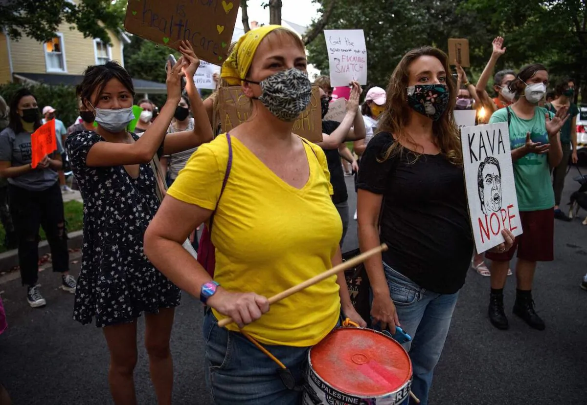 Activists protest outside the house of US Supreme Court Justice Brett Kavanaugh in Chevy Chase Maryland, on Sept. 13, 2021. (Nicholas Kamm/AFP via Getty Images)