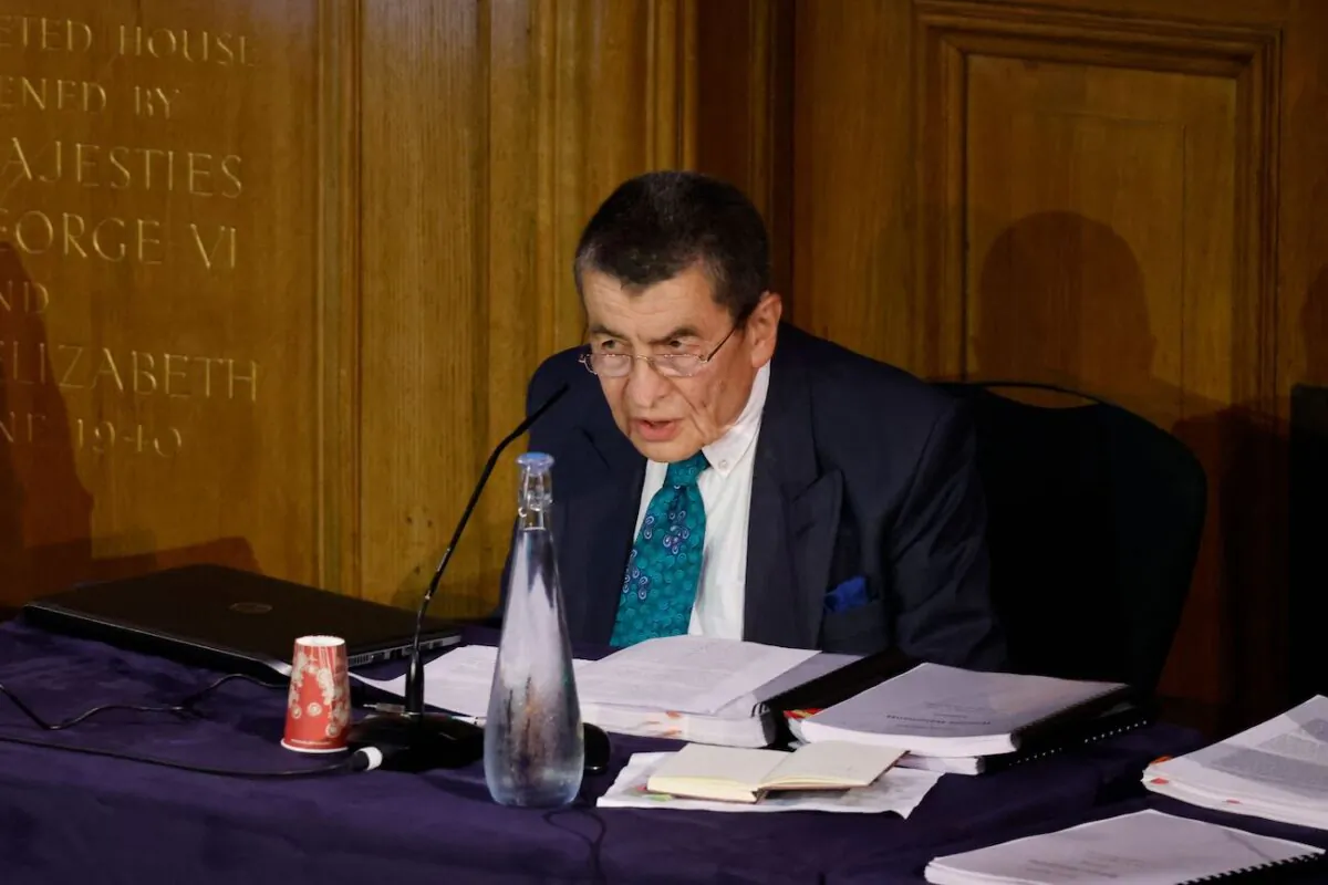 Geoffrey Nice gives the opening address on the first day of hearings at the Uyghur Tribunal, a panel of UK-based lawyers and rights experts investigating alleged abuses against Uyghurs in China, in London on June 4, 2021. (Tolga Akmen/AFP via Getty Images)