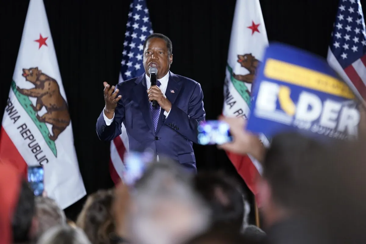 Republican conservative radio show host Larry Elder speaks to supporters after losing the California gubernatorial recall election, in Costa Mesa, Calif., on Sept. 14, 2021. (Ashley Landis/AP Photo)