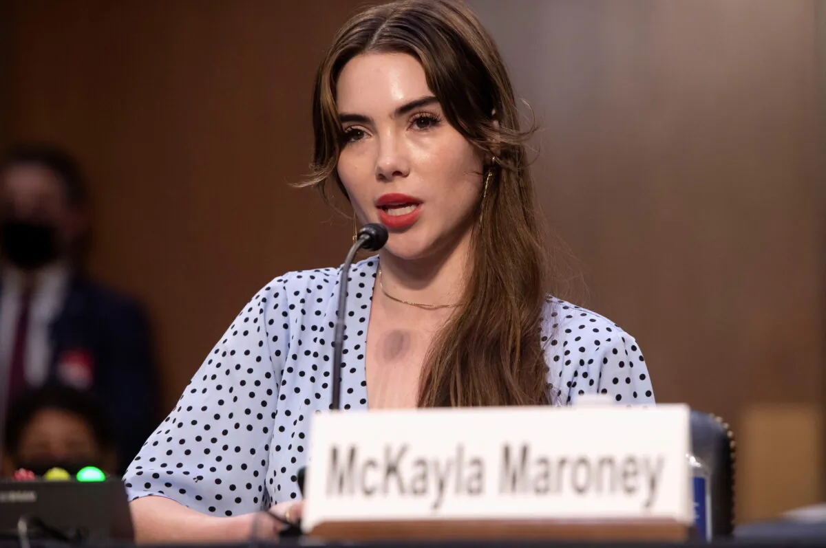 U.S. Olympic gymnast McKayla Maroney testifies during a Senate Judiciary hearing about the Inspector General's report on the FBI handling of the Larry Nassar investigation of sexual abuse of Olympic gymnasts, on Capitol Hill, in Washington on Sept. 15, 2021. (Saul Loeb/Pool via Reuters)
