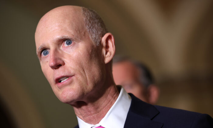 U.S. Sen. Rick Scott (R-Fla.) speaks to reporters after a Republican Senate luncheon at the U.S. Capitol Building in Washington on June 15, 2021. (Kevin Dietsch/Getty Images)