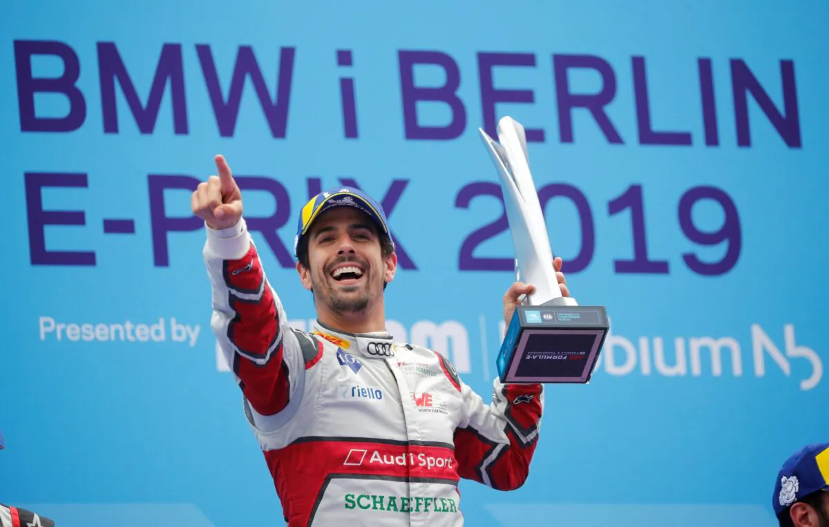 Audi Sport Abt Schaeffler's Lucas Di Grassi celebrates winning a race with the trophy in Berlin on May 25, 2019. (File photo via Reuters)