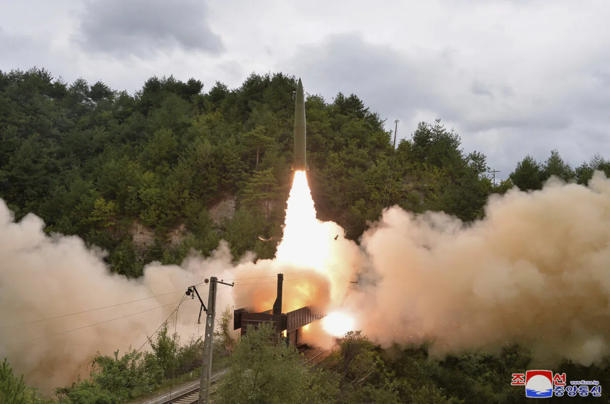 This photo provided by the North Korean government on Sept. 16, 2021, shows a test missile launched from a train in an undisclosed location of North Korea, on Sept. 15, 2021. (Korean Central News Agency/Korea News Service via AP)