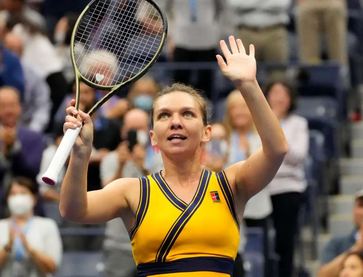 Simona Halep of Romania reacts after beating Kristina Kucova of Slovakia (not pictured) on day three of the 2021 U.S. Open tennis tournament at USTA Billie King National Tennis Center, Flushing, New York, on Sept. 2021. (Robert Deutsch/USA TODAY Sports via Reuters)