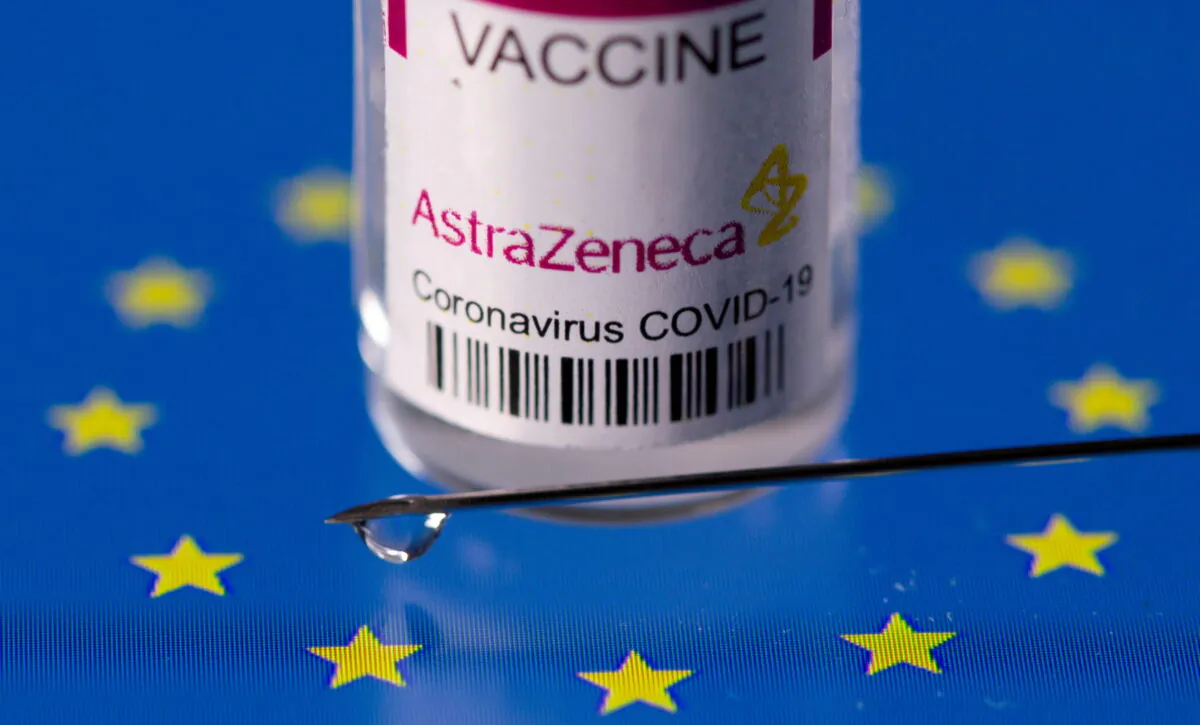 A vial of AstraZeneca's COVID-19 vaccine placed on displayed EU flag is seen in this illustration picture taken on March 24, 2021. (Dado Ruvic/Illustration/Reuters)