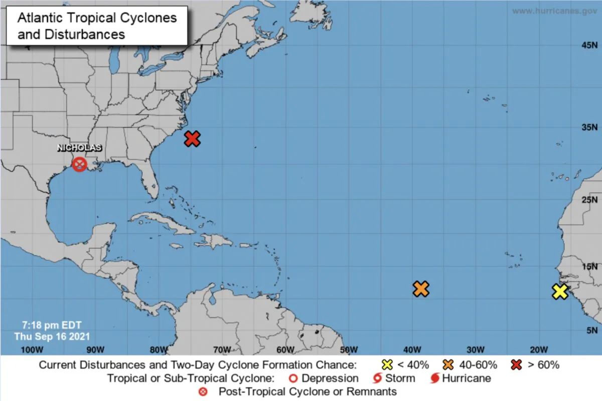 A map showing three disturbances in the Atlantic on Sept. 16, 2021, at 7:18 p.m. ET. (National Hurricane Center)