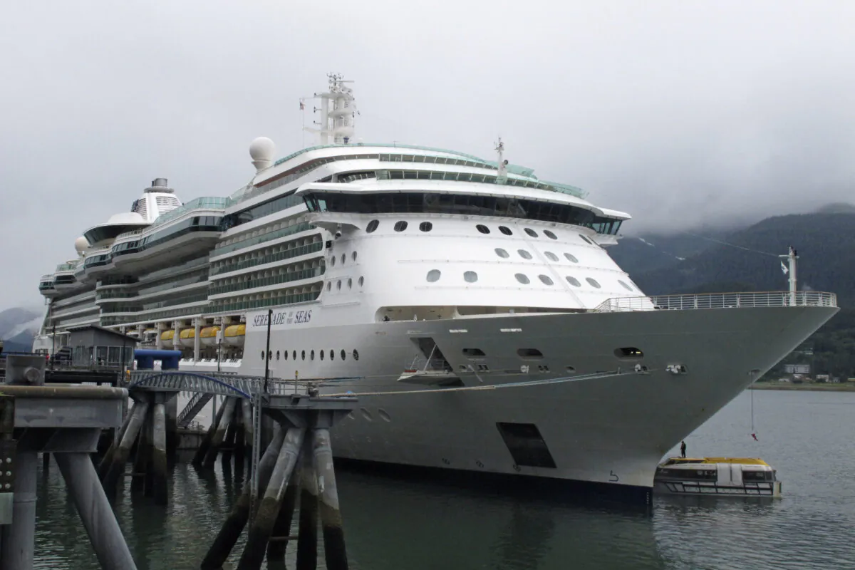 A cruise ship docked in Juneau, Alaska, on Friday, July 23, 2021. (AP Photo/Becky Bohrer)