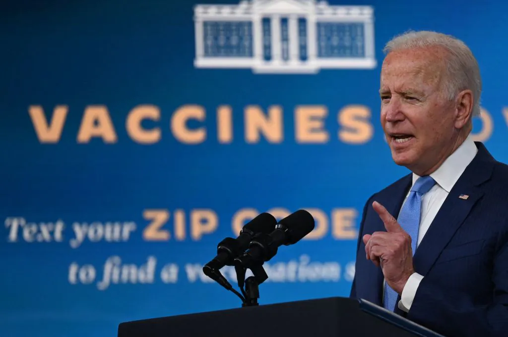 President Joe Biden delivers remarks on the COVID-19 response and the vaccination program at the White House, on Aug. 23, 2021. (Jim Watson/AFP via Getty Images)